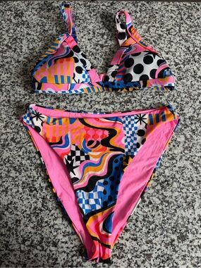One One Swim Colorful Abstract Print Bikini Set - Pink, Blue, Black, Yellow